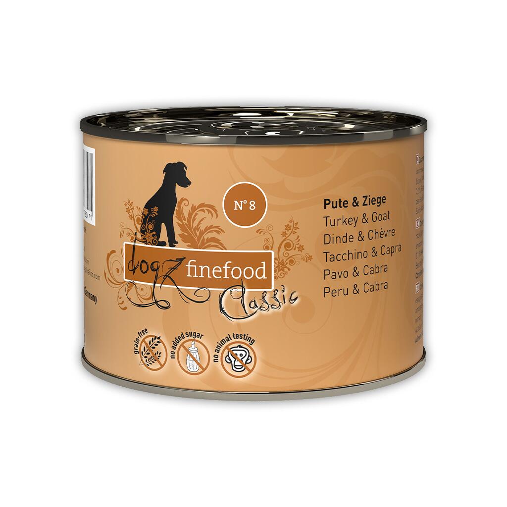 DOGZ FINEFOOD Nassfutter No.8 PUTE UND ZIEGE für ernährungsempfindliche Hunde 200g Dose
