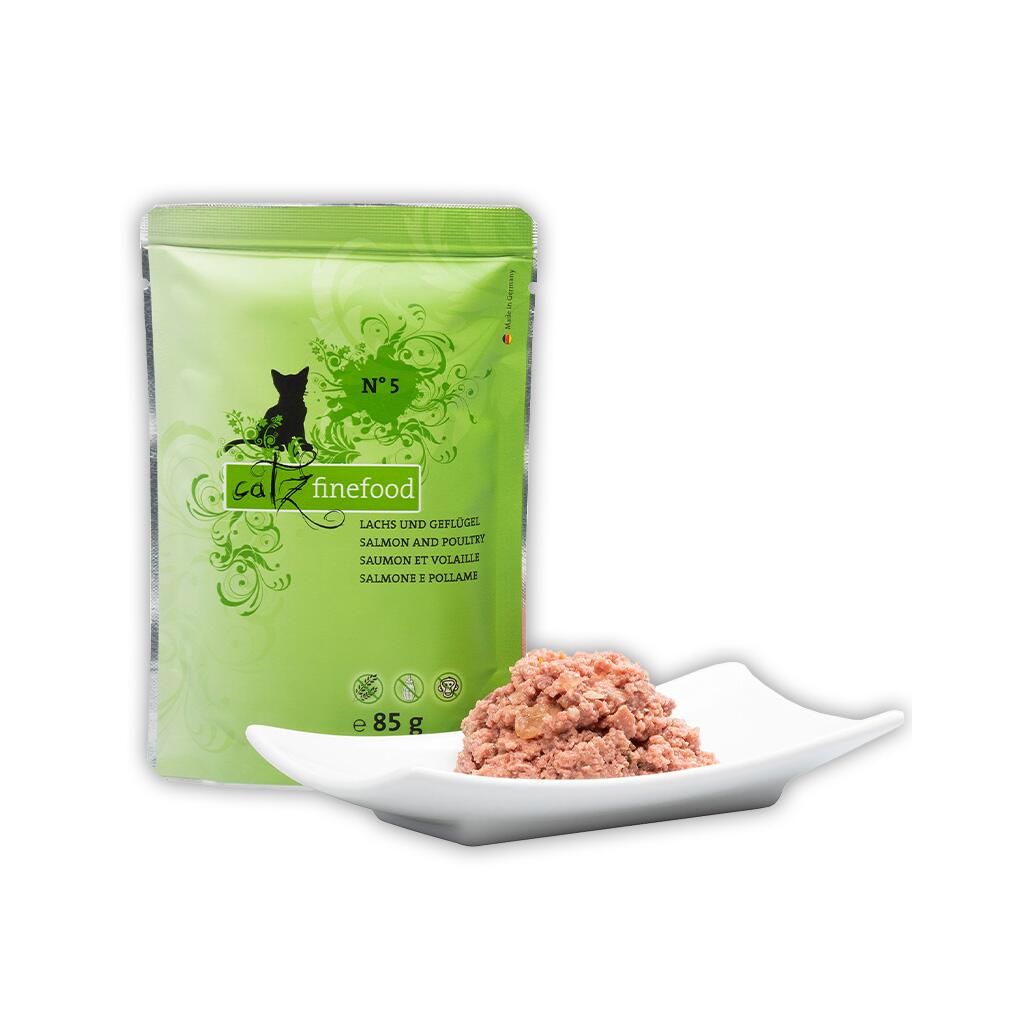 CATZ FINEFOOD Nassfutter NO.5 LACHS UND GEFLÜGEL für Katzen 85g Beutel