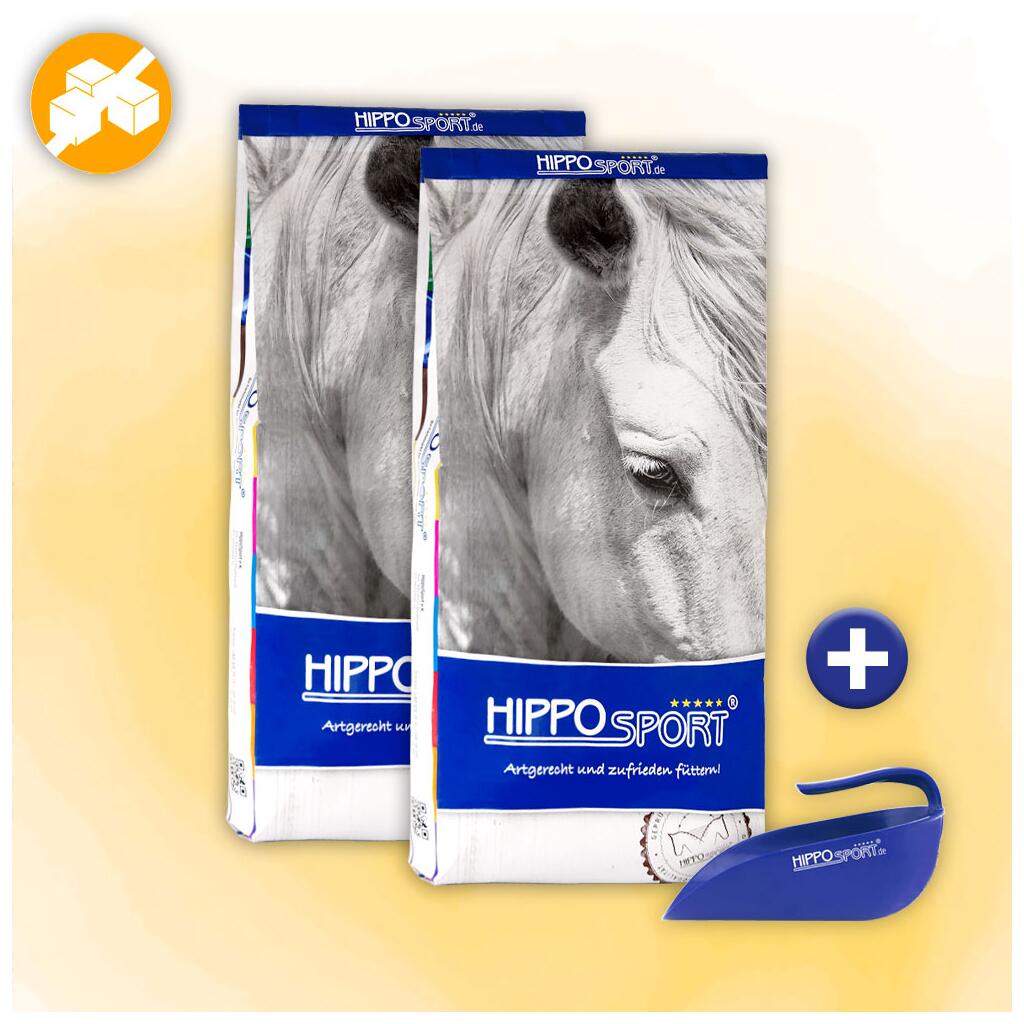 HIPPOSPORT Aktionsartikel 2x FIBREMASH 15kg + FUTTERSCHAUFEL für Pferde