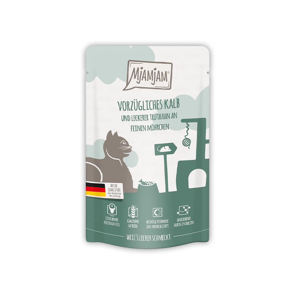 MJAMJAM Nassfutter VORZÜGLICHES KALB & TRUTHAHN AN LECKEREN MÖHRCHEN für Katzen 125g