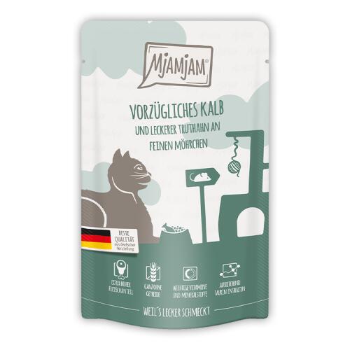 MJAMJAM Nassfutter VORZÜGLICHES KALB & TRUTHAHN AN LECKEREN MÖHRCHEN für Katzen 125g