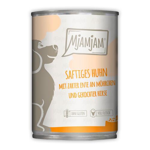 MJAMJAM Nassfutter SAFTIGES HUHN UND ENTE AN MÖHRCHEN UND HIRSE für Hunde 400g