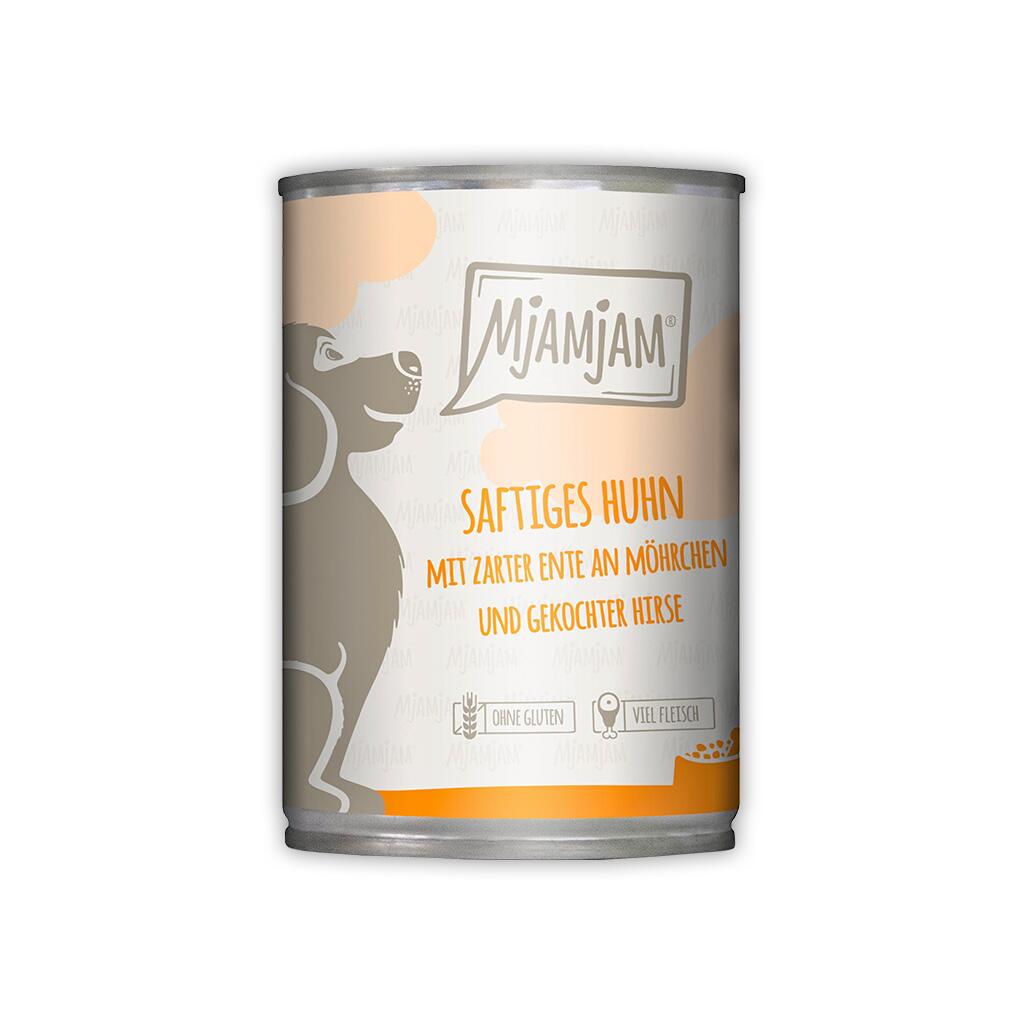 MJAMJAM Nassfutter SAFTIGES HUHN UND ENTE AN MÖHRCHEN UND HIRSE für Hunde 6x 400g