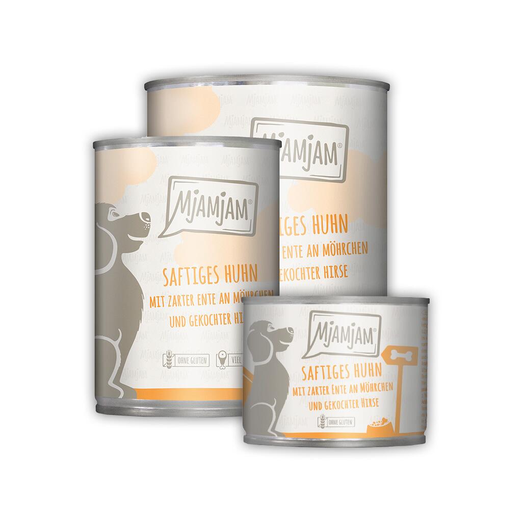 MJAMJAM Nassfutter SAFTIGES HUHN UND ENTE AN MÖHRCHEN UND HIRSE für Hunde 6x 400g