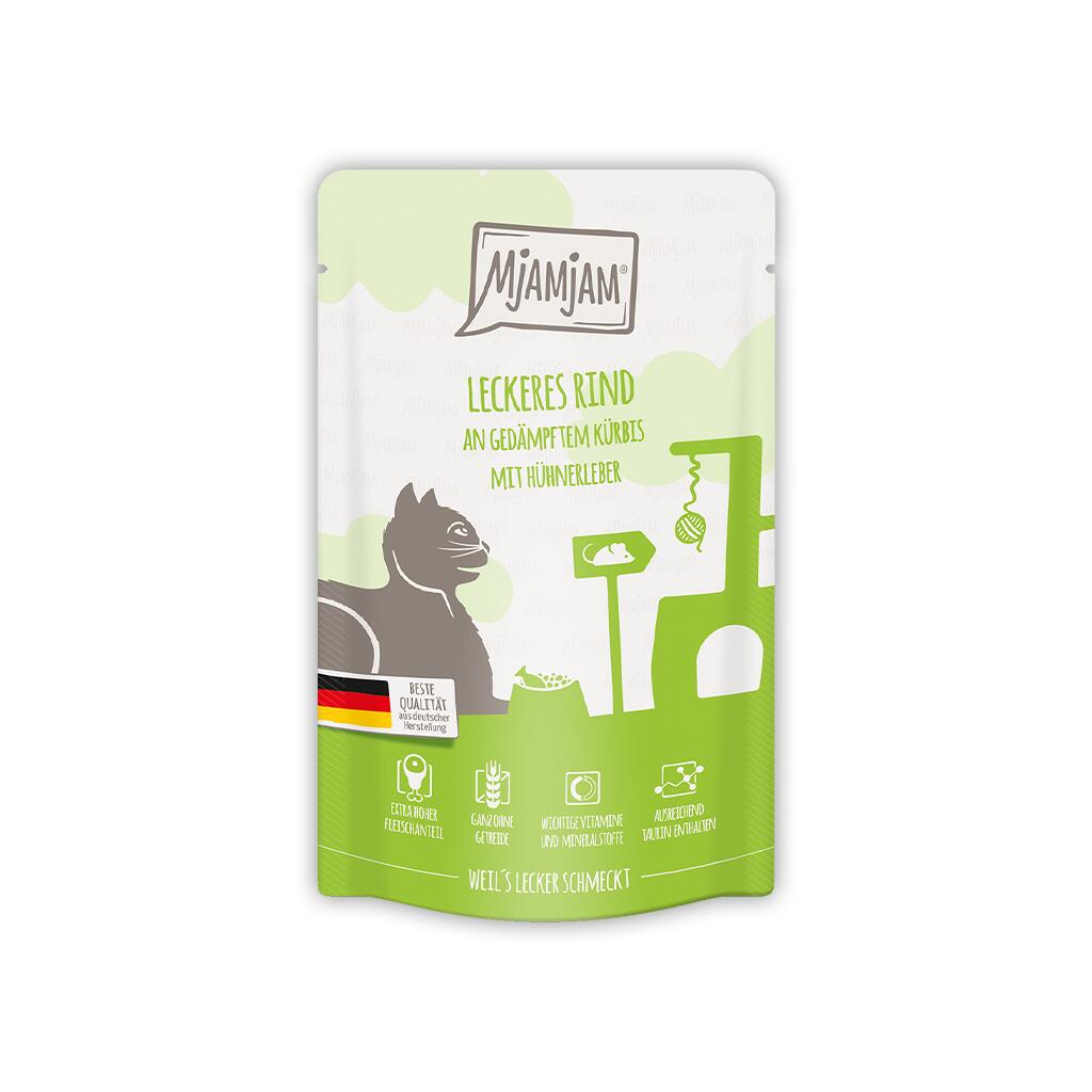 MJAMJAM Nassfutter LECKERES RIND AN GEDÄMPFTEM KÜRBIS für Katzen 125g