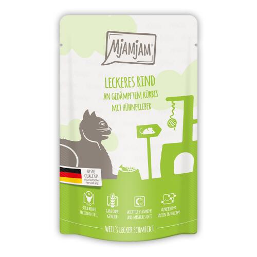 MJAMJAM Nassfutter LECKERES RIND AN GEDÄMPFTEM KÜRBIS für Katzen 125g