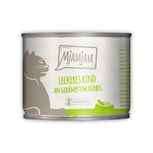 MJAMJAM Nassfutter LECKERES RIND AN GEDÄMPFTEM KÜRBIS für Katzen 200g