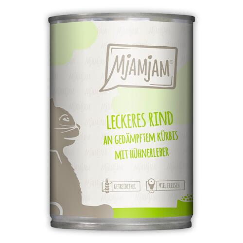 MJAMJAM Nassfutter LECKERES RIND AN GEDÄMPFTEM KÜRBIS für Katzen 400g