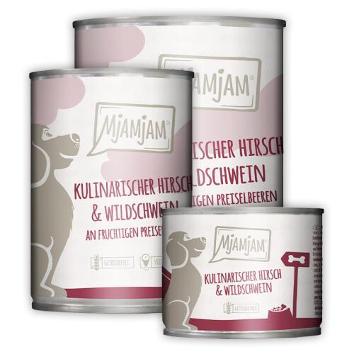 MJAMJAM Nassfutter KULINARISCHER HIRSCH & WILDSCHWEIN AN PREISELBEEREN für Hunde