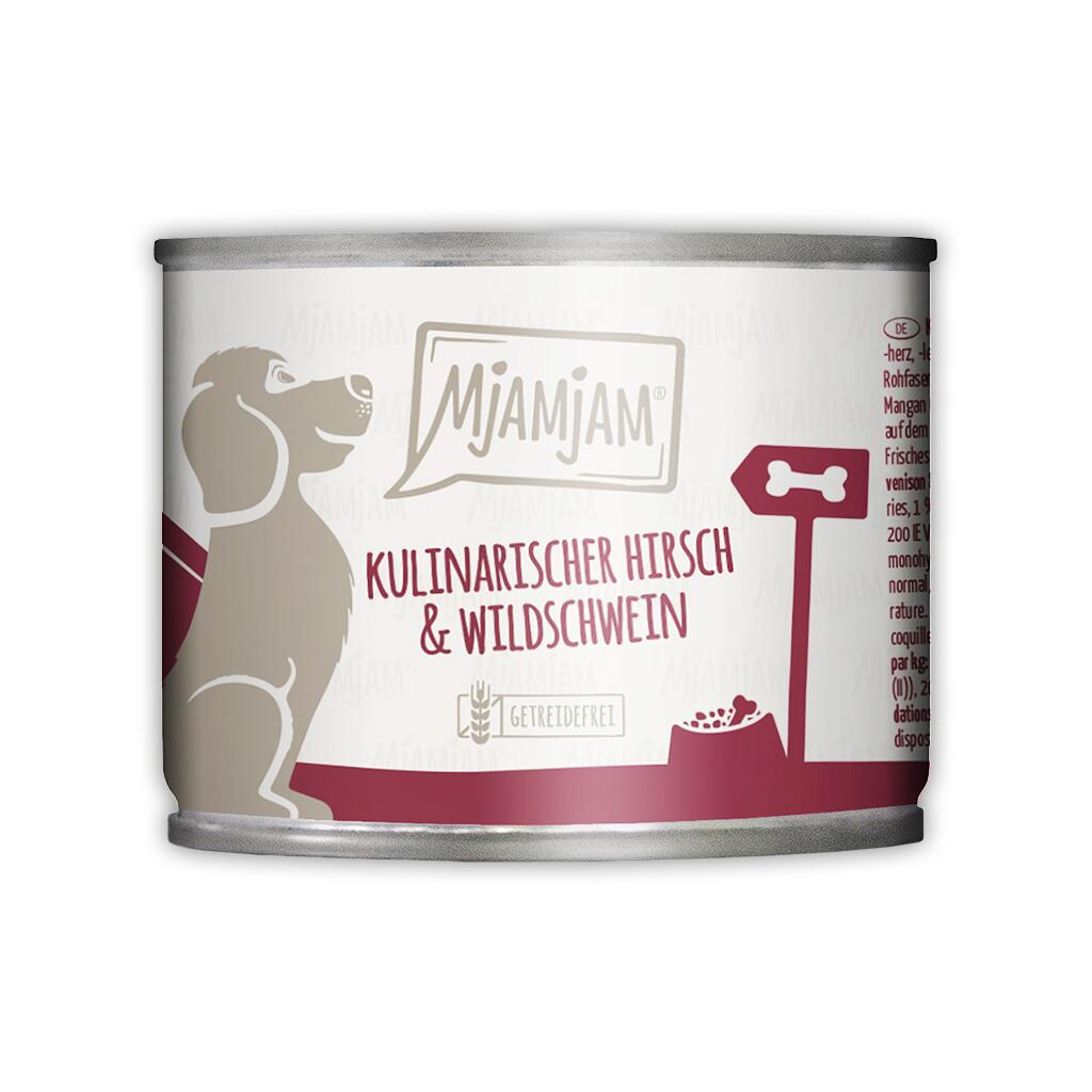 MJAMJAM Nassfutter KULINARISCHER HIRSCH & WILDSCHWEIN AN PREISELBEEREN für Hunde 200g