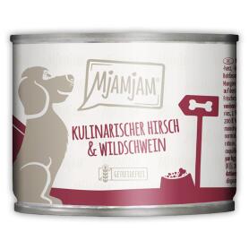 MJAMJAM Nassfutter KULINARISCHER HIRSCH & WILDSCHWEIN AN PREISELBEEREN für Hunde 200g