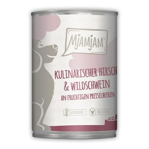 MJAMJAM Nassfutter KULINARISCHER HIRSCH & WILDSCHWEIN AN PREISELBEEREN für Hunde 400g