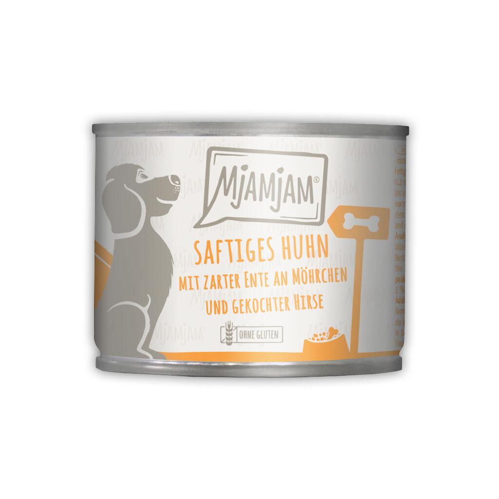MJAMJAM Nassfutter SAFTIGES HUHN UND ENTE AN MÖHRCHEN UND HIRSE für Hunde 6x 200g
