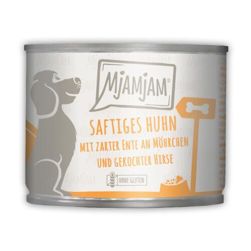 MJAMJAM Nassfutter SAFTIGES HUHN UND ENTE AN MÖHRCHEN UND HIRSE für Hunde 6x 200g