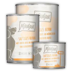 MJAMJAM Nassfutter SAFTIGES HUHN UND ENTE AN MÖHRCHEN UND HIRSE für Hunde 6x 200g