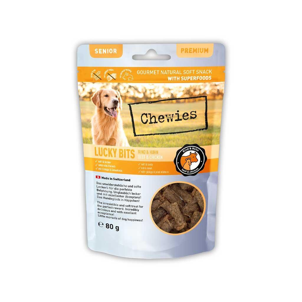 CHEWIES Leckerli LUCKY BITS SENIOR RIND & HUHN für Hunde 80g