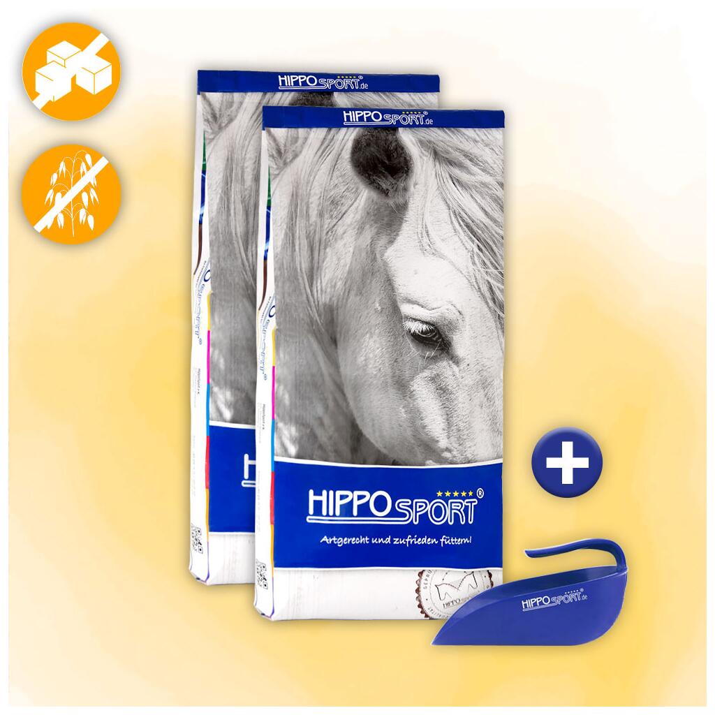 HIPPOSPORT Aktionsartikel 2x KRÄUTERMÜSLI 15kg + FUTTERSCHAUFEL für Pferde