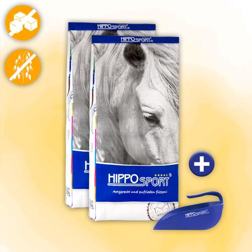 HIPPOSPORT Aktionsartikel 2x KRÄUTERMÜSLI 15kg + FUTTERSCHAUFEL für Pferde